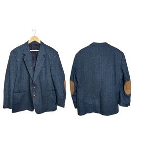 Vintage Men's 46S Blue 100% Wool Tweed Blazer Suit Sport Jacket Elbow Patches
